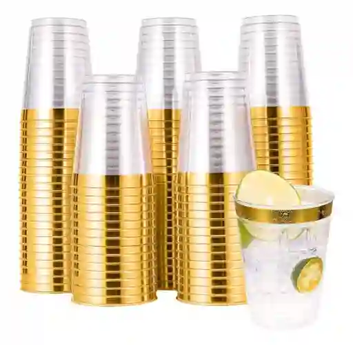 Vaso 10 Onzas Plastico Con Borde Dorado