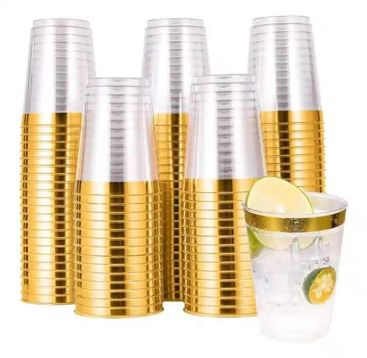 Vaso 10 Onzas Plastico Con Borde Dorado