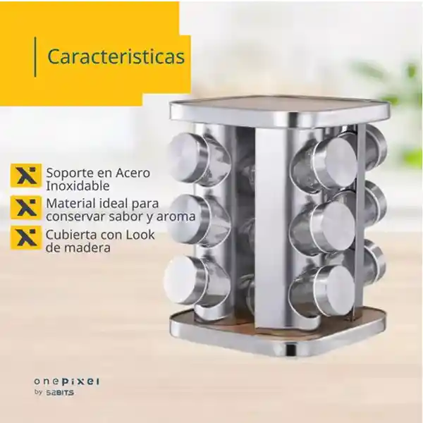 Set Especiero Condimentero En Vidrio X16 Frascos Base Acero