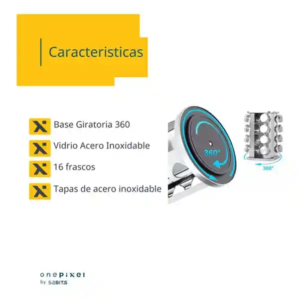 Set Especiero Condimentero En Vidrio X16 Frascos Base Acero