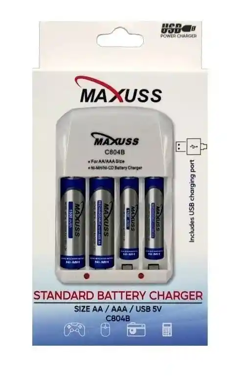 Cargador De Baterias Mixto (aa Y Aaa) Premium + 4 Pilas Recargable Aaa Maxuss De 1100mah C/u
