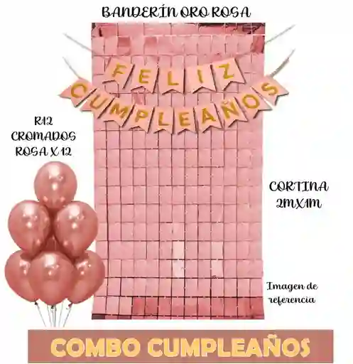 Globos De Cumpleaños Oro Rosa Cromados + Cortina + Banderin - Decoración