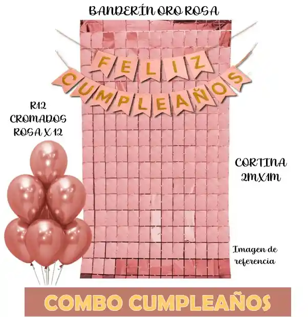 Globos De Cumpleaños Oro Rosa Cromados + Cortina + Banderin - Decoración