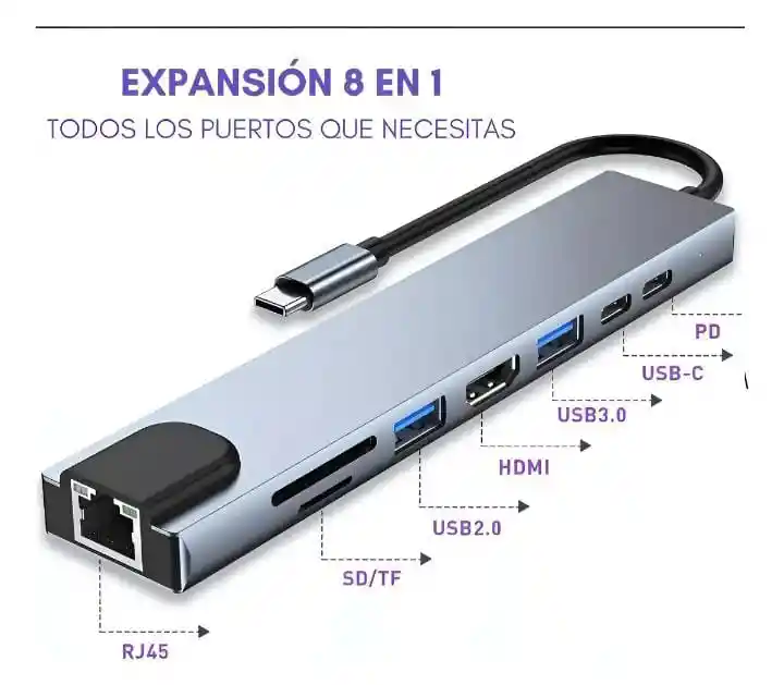 Hub Adaptador Usb C Multipuerto Aluminio 8 En 1 Hdmi