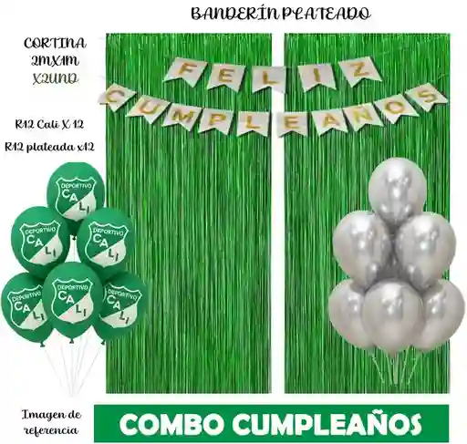 Globos O Bombas Feliz Cumpleaños Deportivo Cali Futrbol + Cortina X2 + Globos Plateados + Banderin
