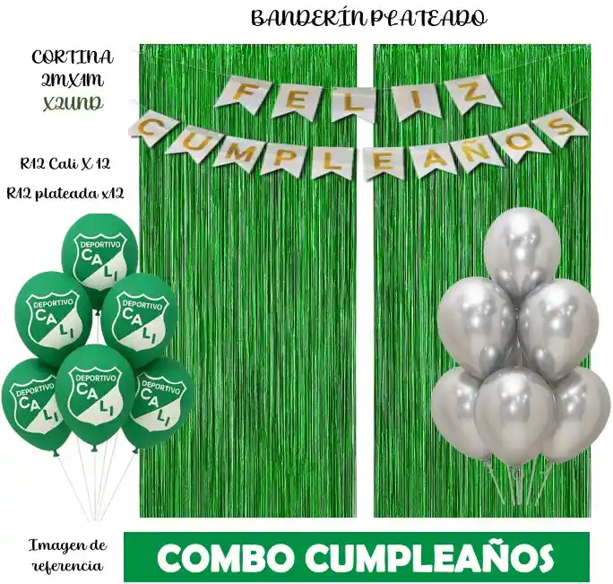 Globos O Bombas Feliz Cumpleaños Deportivo Cali Futrbol + Cortina X2 + Globos Plateados + Banderin