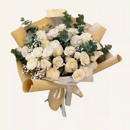 Bouquet De 24 Rosas Blancas Con Follaje Y Dedicatoria