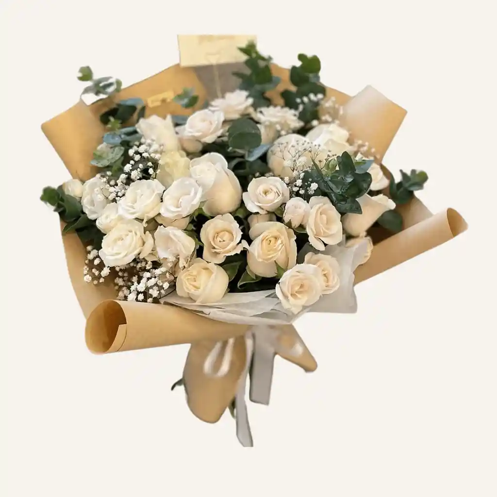 Bouquet De 24 Rosas Blancas Con Follaje Y Dedicatoria