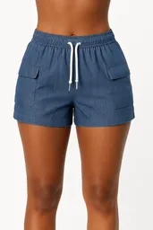 Short En Denim Delgado , Talla Unica Chambray Color Azul Medio, Resorte En Cintura, Moño Decorativo, Dos Bolsillos Laterales Funcionales