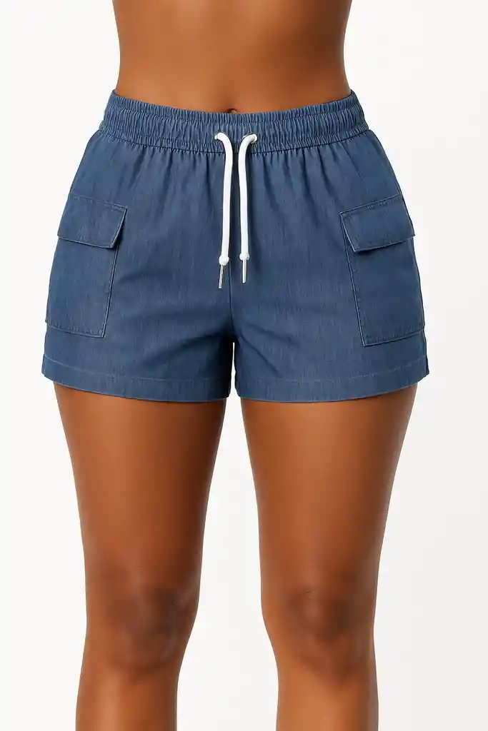 Short En Denim Delgado , Talla Unica Chambray Color Azul Medio, Resorte En Cintura, Moño Decorativo, Dos Bolsillos Laterales Funcionales