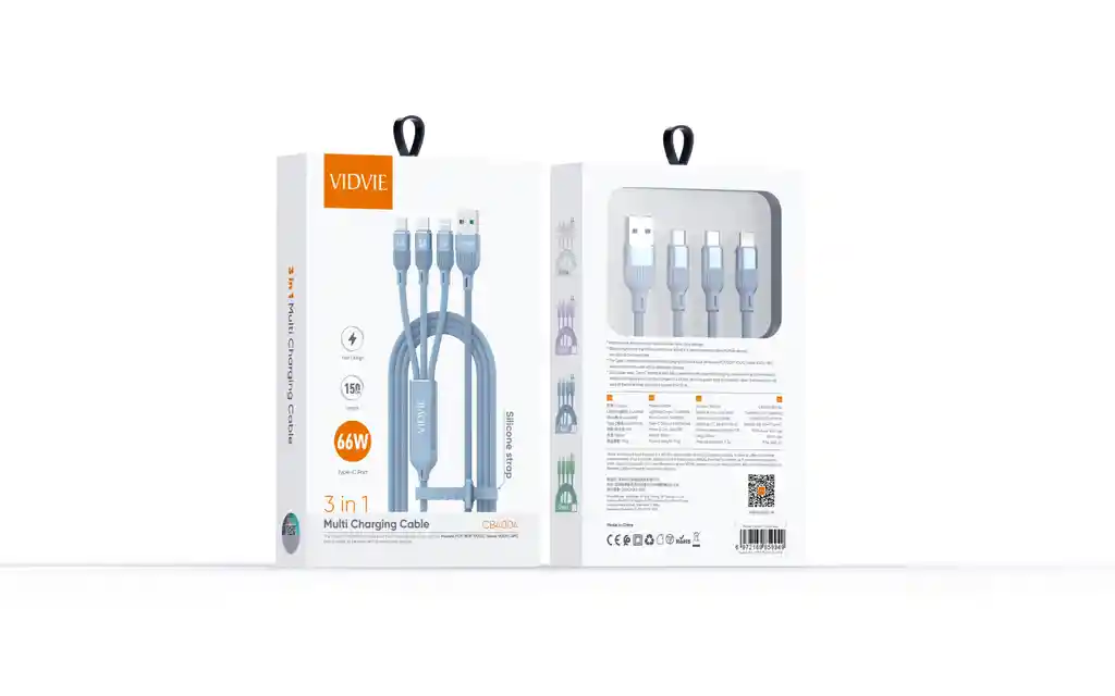 "desata 66w De Energía – Cable 3 En 1 Para Todo Dispositivo" (usb C-micro Usb- Iphone Lightning)