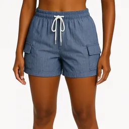 Short En Denim Delgado , Talla Unica Chambray Color Azul Medio, Resorte En Cintura, Moño Decorativo, Dos Bolsillos Laterales Funcionales