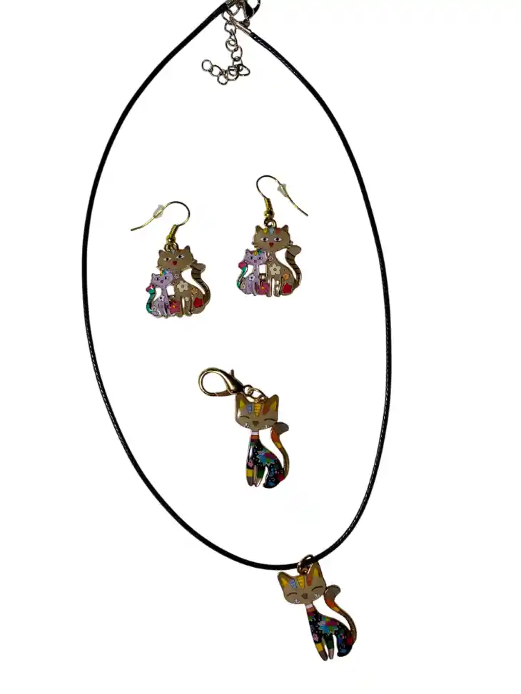 Collar Aretes Llavero Forma Gato Café