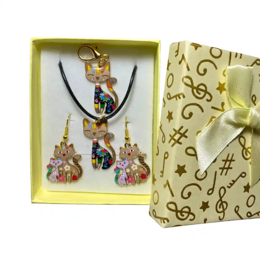 Collar Aretes Llavero Forma Gato Café