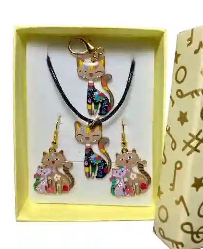 Collar Aretes Llavero Forma Gato Café