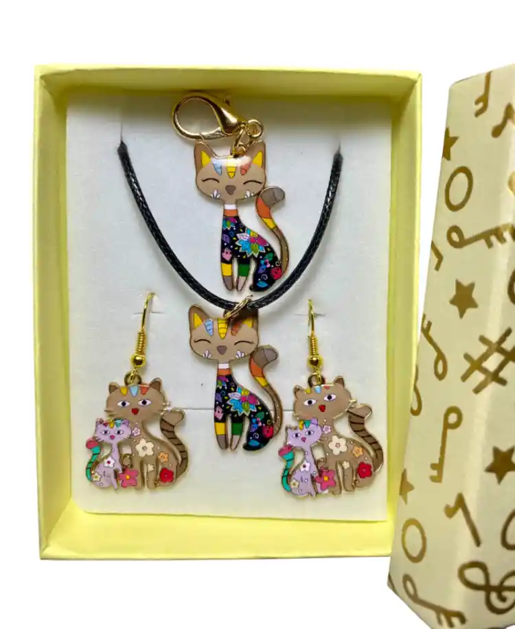 Collar Aretes Llavero Forma Gato Café