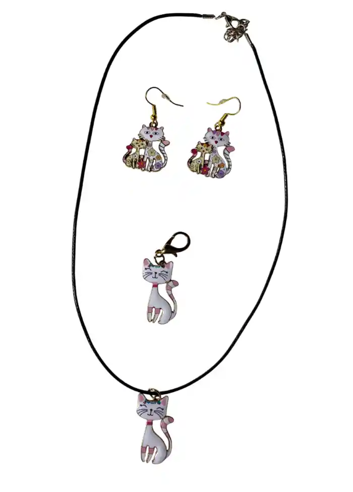 Collar Aretes Llavero Forma Gato Blanco