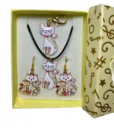 Collar Aretes Llavero Forma Gato Blanco