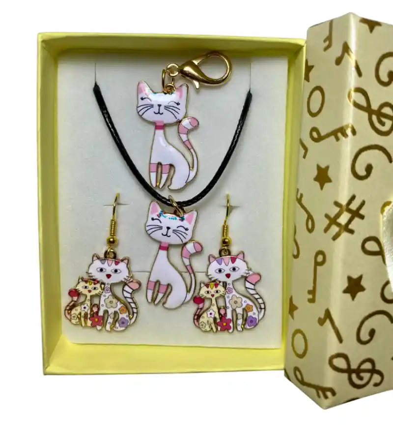 Collar Aretes Llavero Forma Gato Blanco