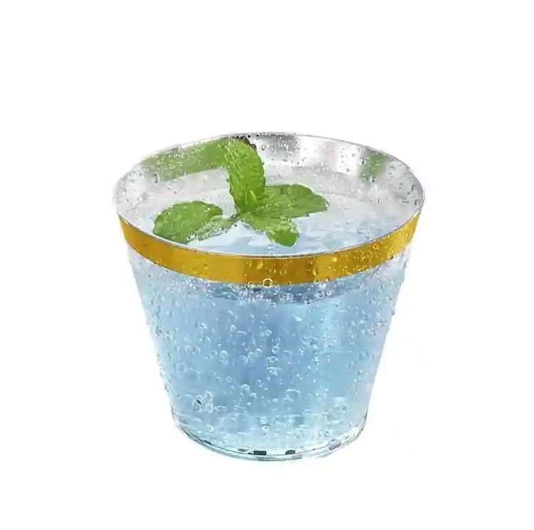 Vasos 9 Onzas Transparente Borde Dorado , Vaso Elegante, Bonito Y De Lujo, Vaso Desechable Crista