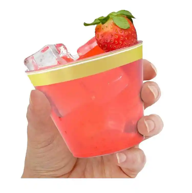 Vasos 9 Onzas Transparente Borde Dorado , Vaso Elegante, Bonito Y De Lujo, Vaso Desechable Crista