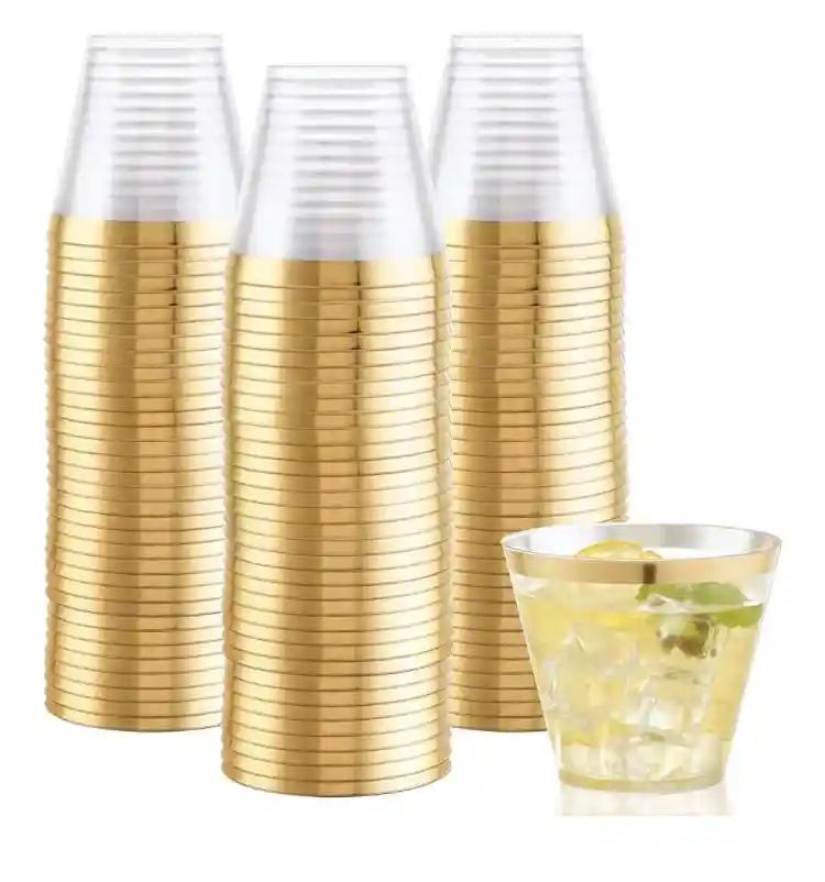 Vasos 9 Onzas Transparente Borde Dorado , Vaso Elegante, Bonito Y De Lujo, Vaso Desechable Crista