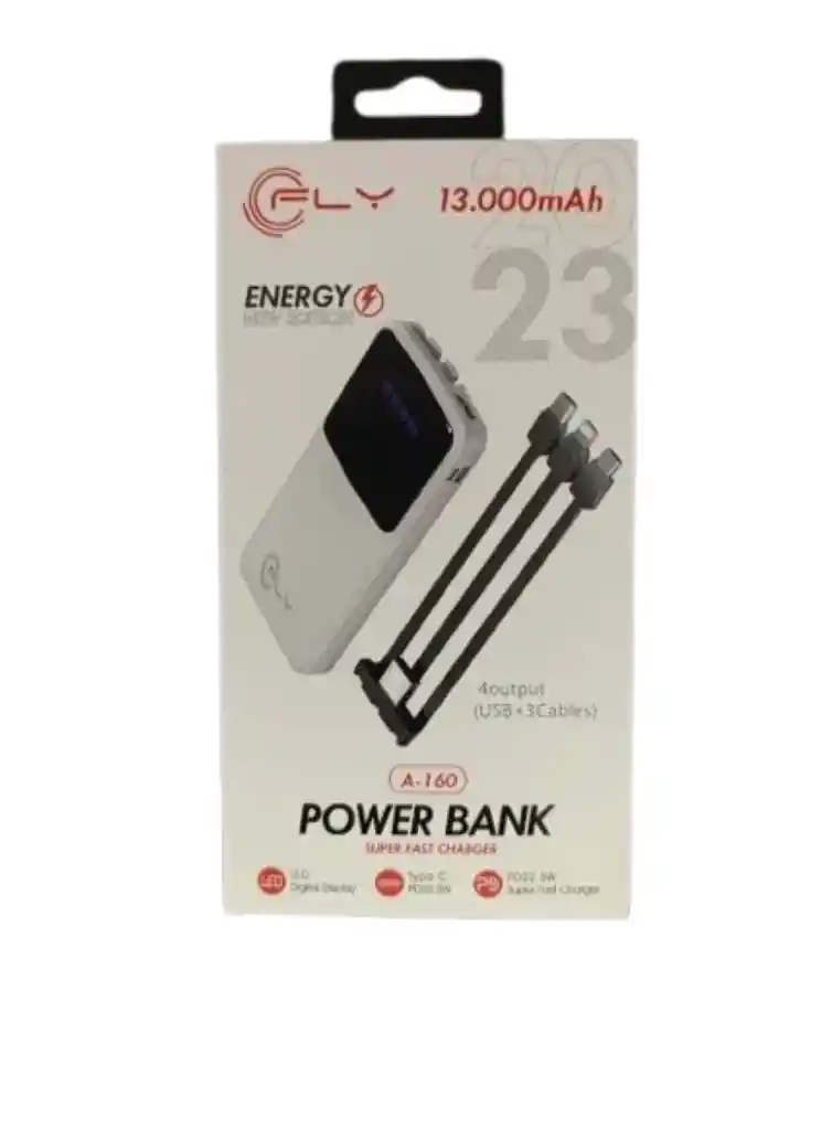 Power Bank Fly 13.000 Mah Carga Rapida A-160 Usb 3 Cables