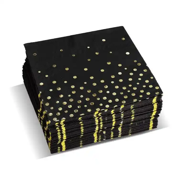 Servilletas De Papel Negras Con Puntos Dorados, Servilletas Elegantes