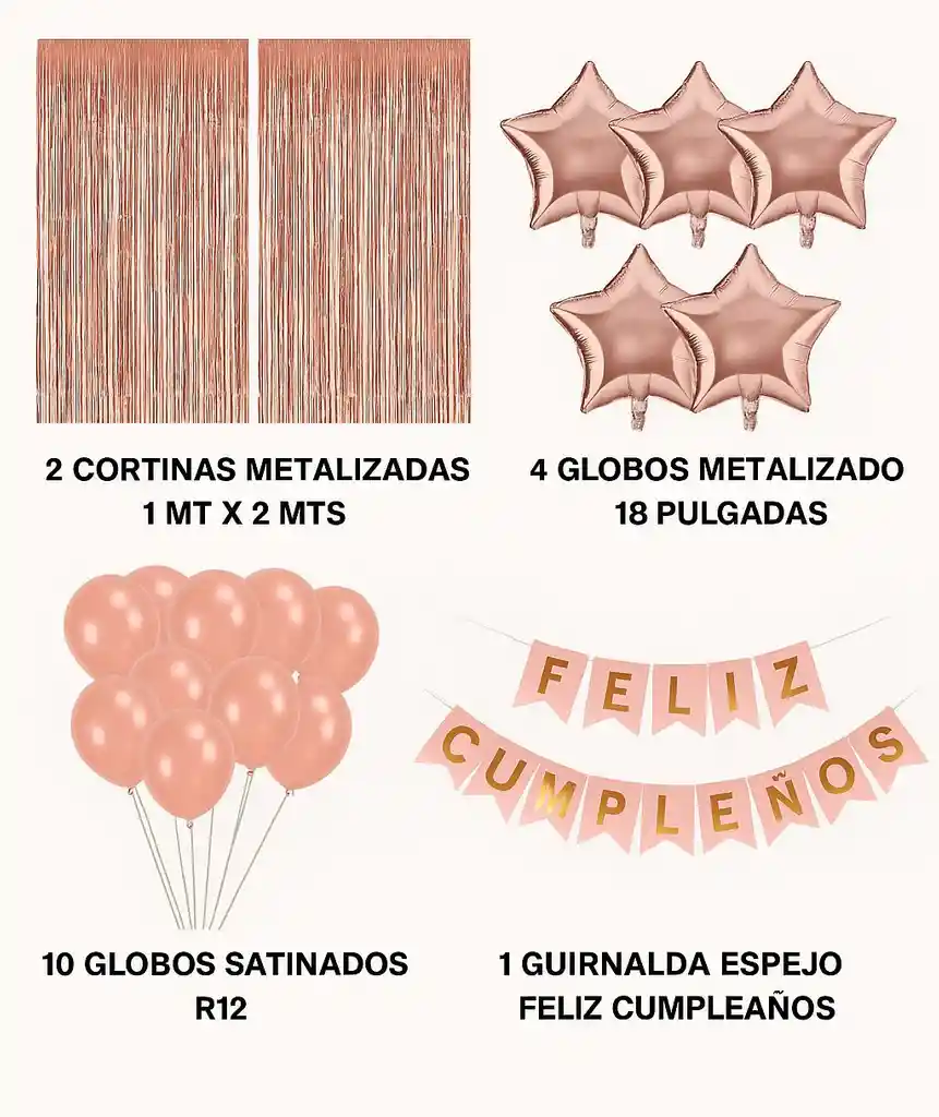 Kit Decoración Oro Rosa Cumpleaños Cortinas Bombas Completo
