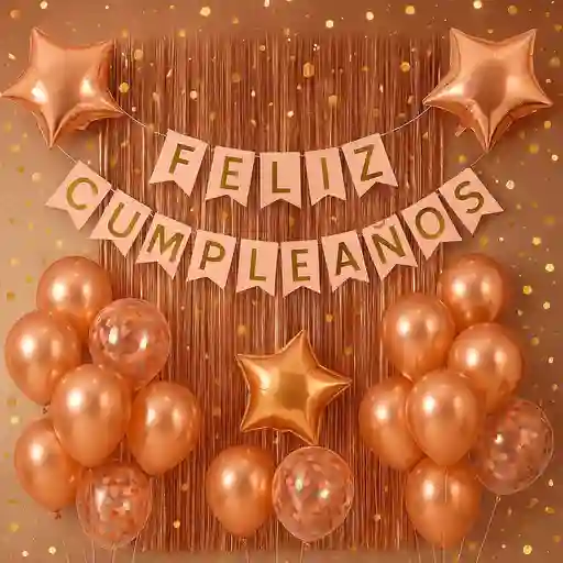 Kit Decoración Oro Rosa Cumpleaños Cortinas Bombas Completo