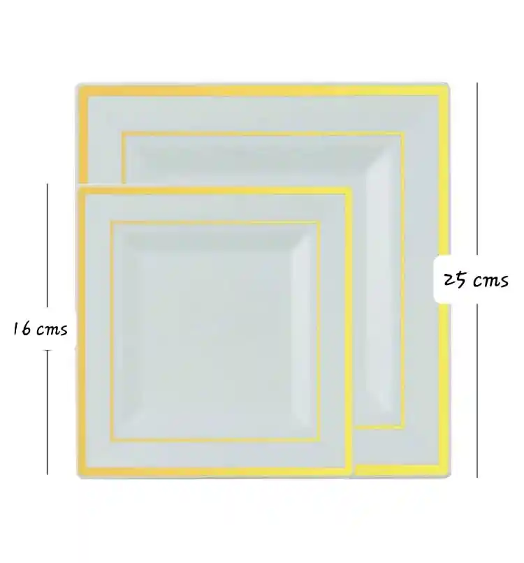Set Plato Blanco Cuadrado Borde Dorado, Plato Elegane