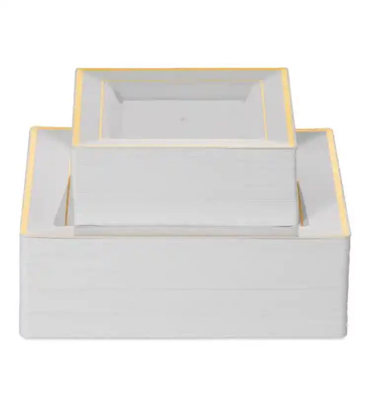 Set Plato Blanco Cuadrado Borde Dorado, Plato Elegane
