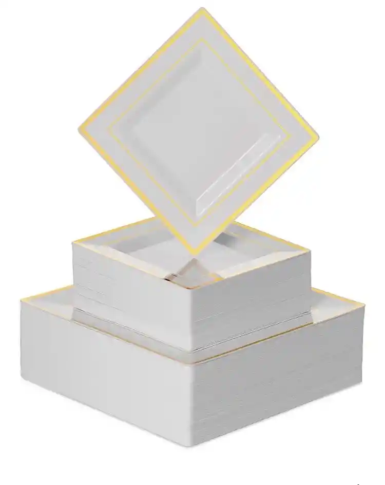 Set Plato Blanco Cuadrado Borde Dorado, Plato Elegane