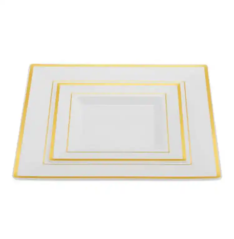 Set Plato Blanco Cuadrado Borde Dorado, Plato Elegane