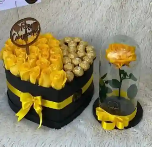 Caja De Corazon Y Rosa Preservada