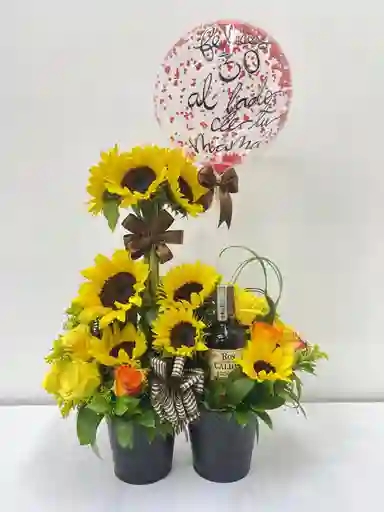 Ramo De Flores Variadas Y Ron