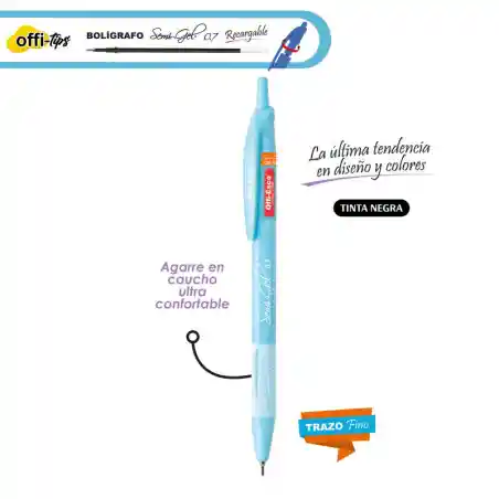 Boligrafo Esfero Punta Fina Retractil Colores Pastel Recargable Tinta Negra Offi Esco