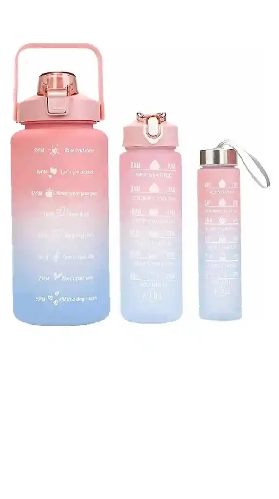 Set Termo Motivador Plástico Libre De Bpa 3 Piezas Deportivo Color Rosal/azul