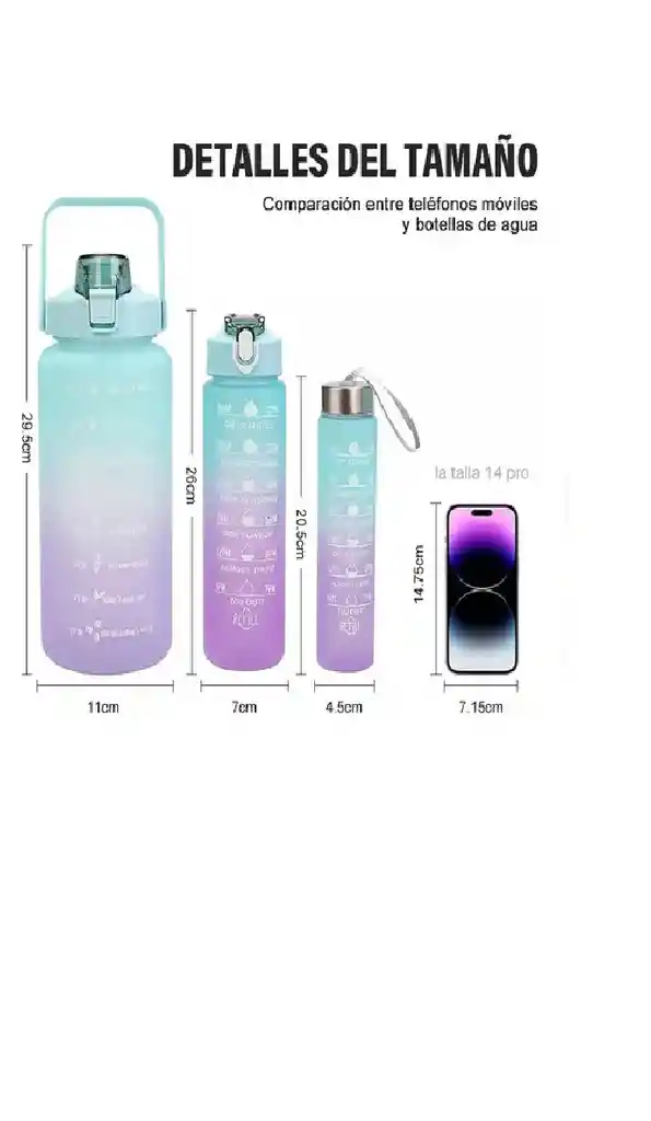 Set Termo Motivador Plástico Libre De Bpa 3 Piezas Deportivo Color Verde/morado