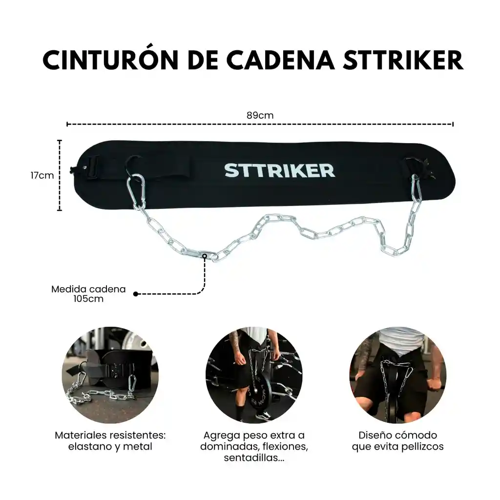 Cinturón Lastre Cadena Dominadas Fondos Pesas Gym Discos Talla Única Negro Cadena Broche Acero