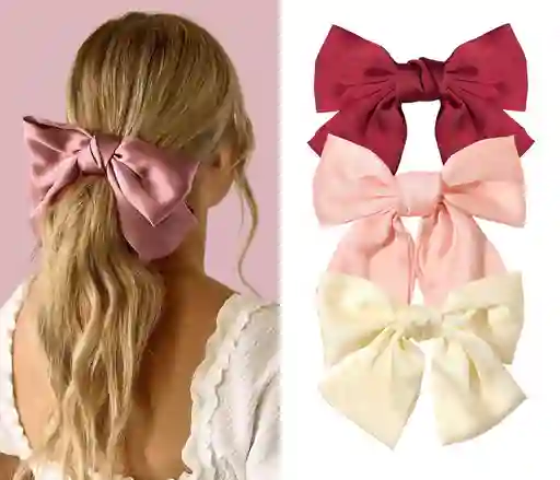 Set X 3 Moño Lazo Satín Para Cabello Pelo Con Hebilla