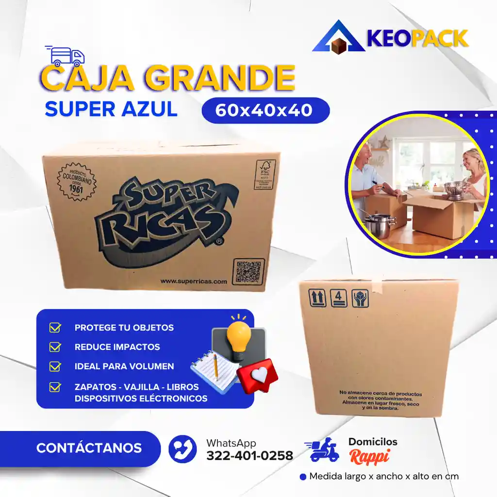 Caja De Carton Grande Azul 60x40x40 - Cajas Para Mudanzas