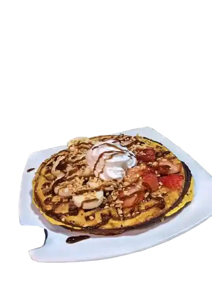Waffle Hecho Con Proteína Vegetal 💪🌱, Acompañado De Frutas Frescas 🍓🍌, Crema Suave 🍦 Y Salsa Al Gusto 🍫🍯.