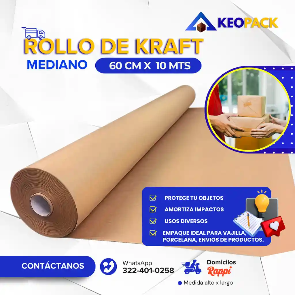 Rollo De Papel Kraft De 60 Cm X 10 Mts Largo - Empaques Y Embalajes