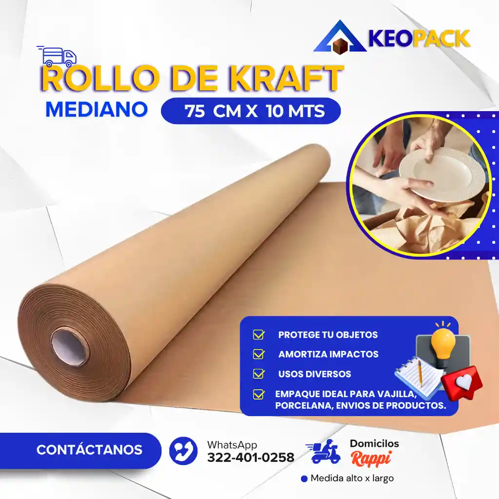 Rollo De Papel Kraft De 75 Cm X 10 Mts Largo - Empaques Y Embalajes