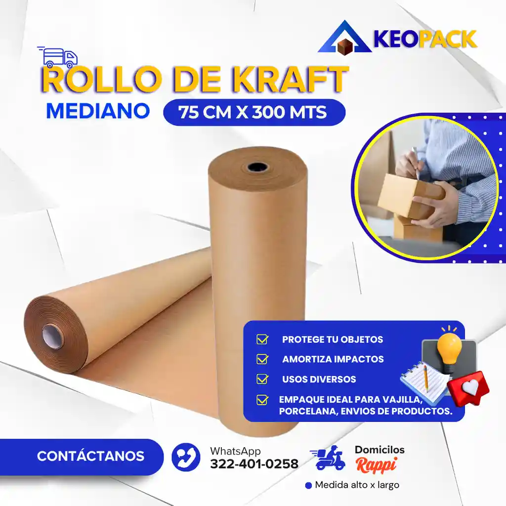 Rollo De Papel Kraft De 75 Cm X 300 Mts Largo - Empaques Y Embalajes