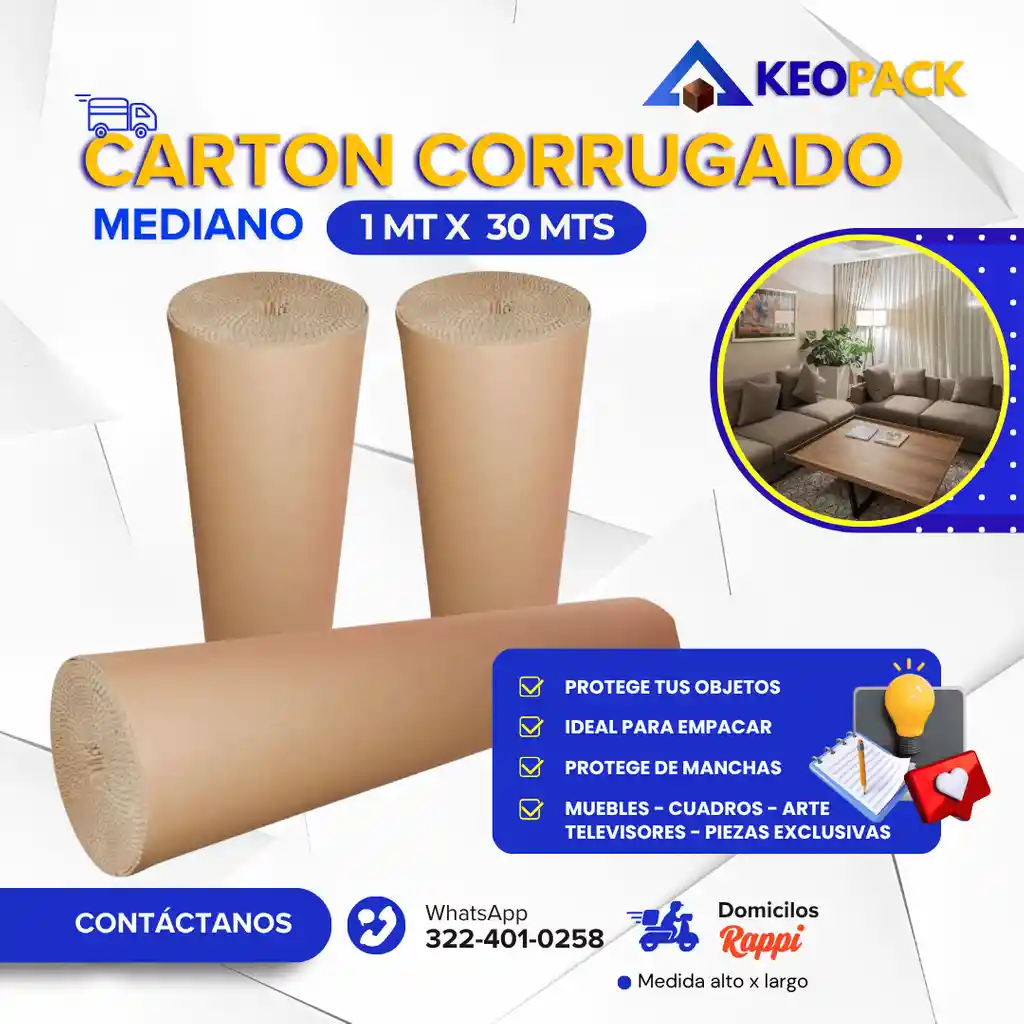 Rollo De Cartón Corrugado 1.20 Cm X 30 Mts Largo - Empaques Y Embalajes