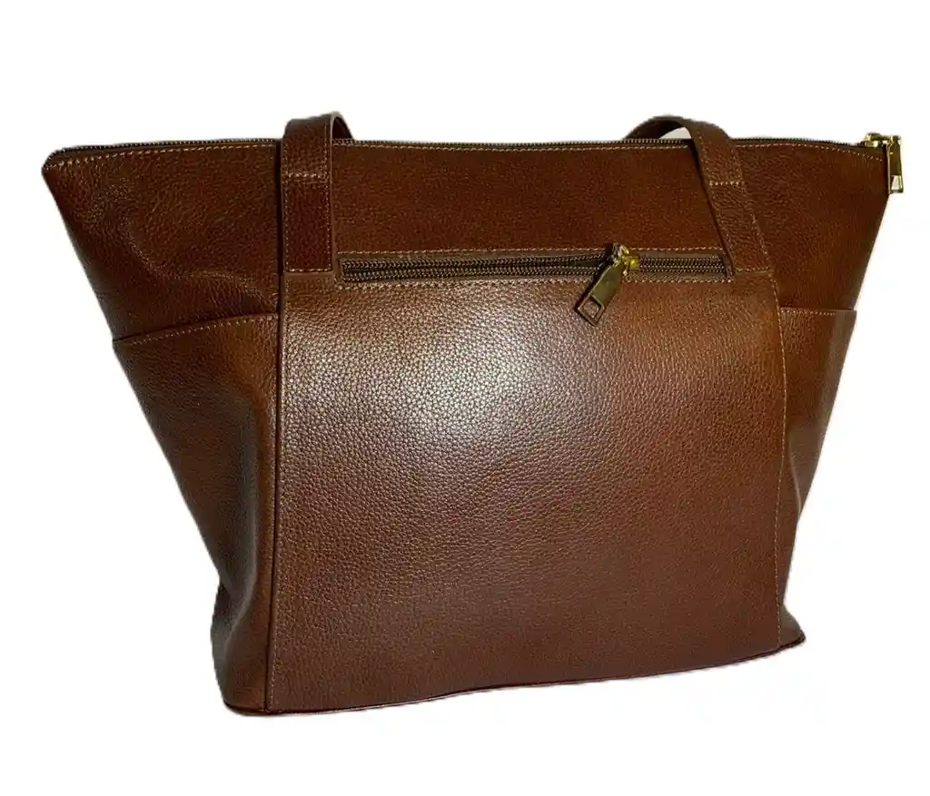 Bolso Cuero Natural Marron Con Textura, Correa En Cuero.