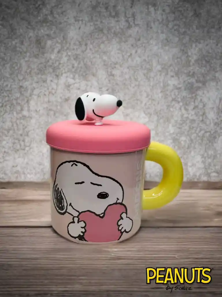 Mug O Taza Snoopy Rosa Con Tapa Silicona