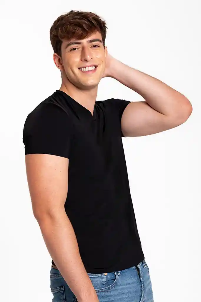 Camiseta Cuello V Unicolor De Microfibra Premium (3987) Negro S